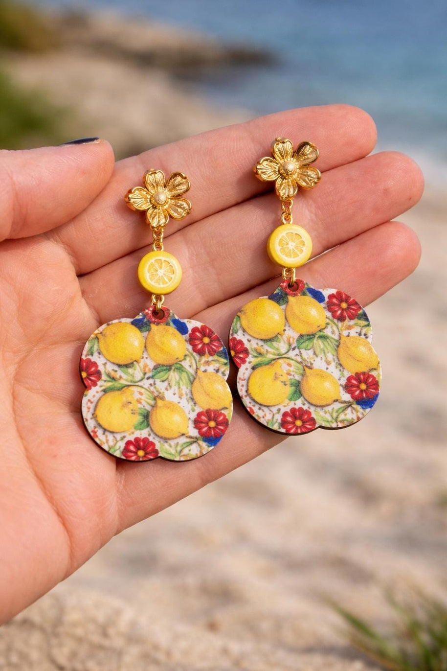 Orecchini limoni siciliani| Orecchini pendenti estivi stile Mediterraneo|  Gioiello mare acciaio dorato antiallergico | Idea regalo donna