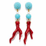 Orecchini corallo rosso e turchese- Orecchini pendenti stile mediterraneo- Gioiello estivo acciaio dorato antiallergico- idea regalo donna