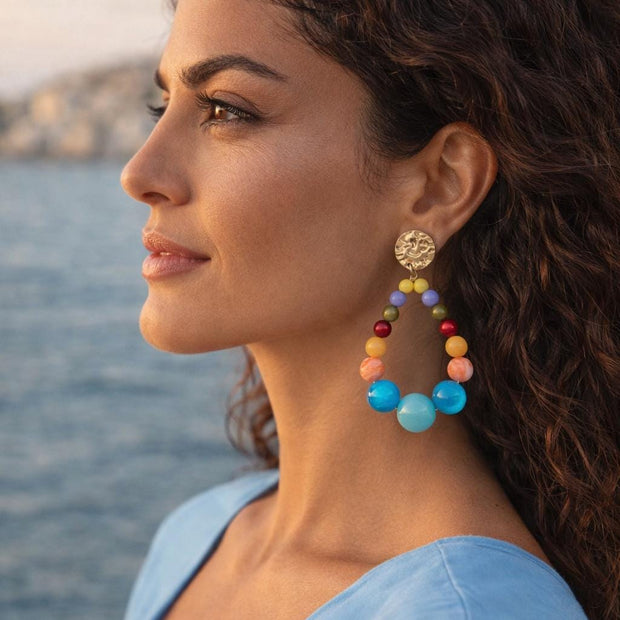 Orecchini pendenti perline colorate | Cerchi estivi multicolor | Gioiello mare acciaio antiallergico, idea regalo donna
