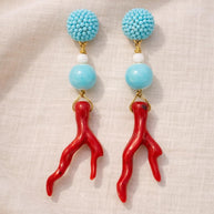 Orecchini corallo rosso e turchese- Orecchini pendenti stile mediterraneo- Gioiello estivo acciaio dorato antiallergico- idea regalo donna