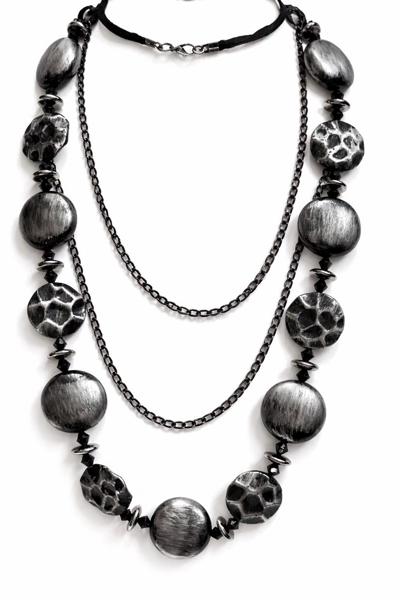 Collana lunga nera doppio giro stile dark gotico moderno | Collana maxi nero argento multifilo donna