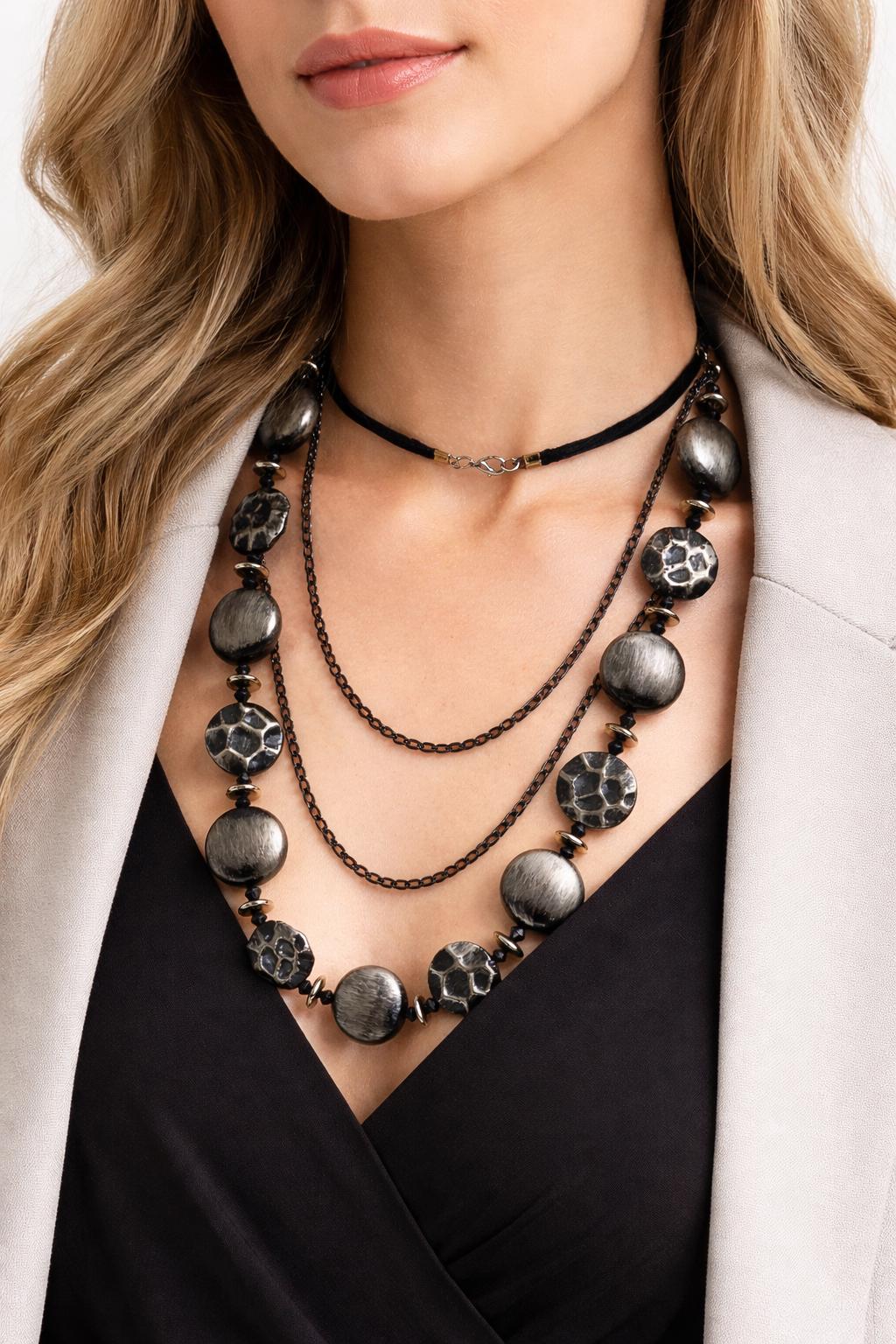 Collana lunga nera doppio giro stile dark gotico moderno | Collana maxi nero argento multifilo donna