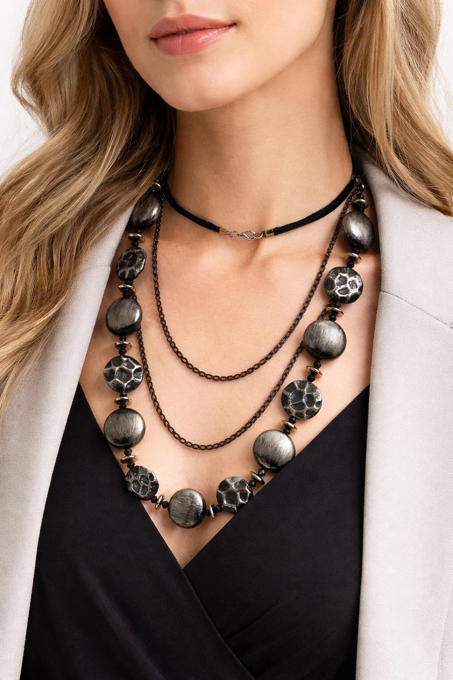 Collana lunga nera doppio giro stile dark gotico moderno | Collana maxi nero argento multifilo donna