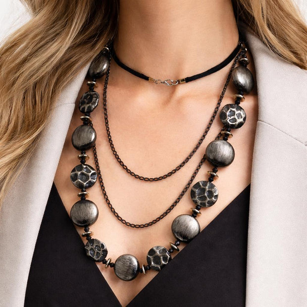 Collana lunga nera doppio giro stile dark gotico moderno | Collana maxi nero argento multifilo donna