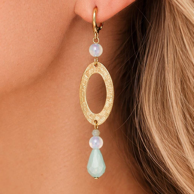 Orecchini pendenti oro incisione etnica | Orecchini boho chic con goccia azzurra e perla | Orecchini eleganti donna