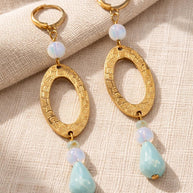 Orecchini pendenti oro incisione etnica | Orecchini boho chic con goccia azzurra e perla | Orecchini eleganti donna