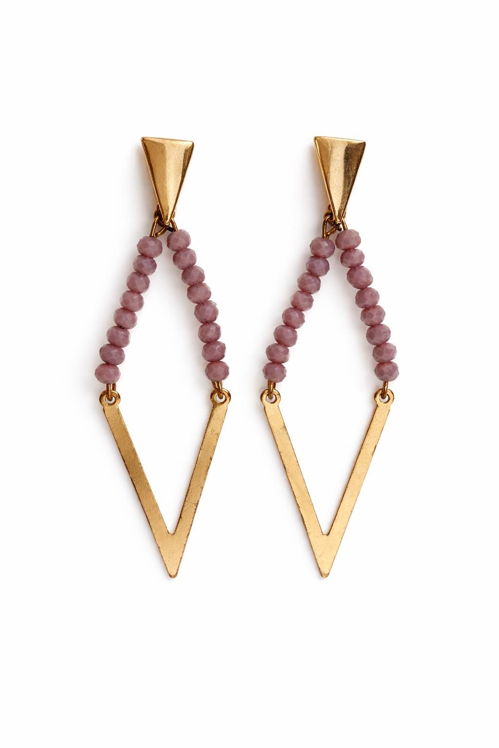Orecchini pendenti geometrici oro con cristalli rosa antico | Orecchini lunghi a V boho eleganti donna