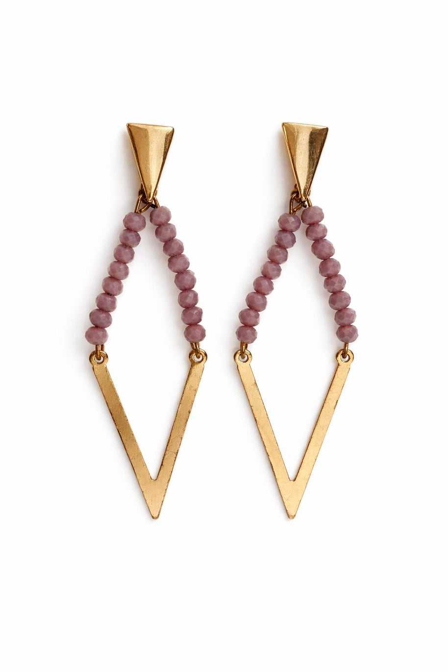 Orecchini pendenti geometrici oro con cristalli rosa antico | Orecchini lunghi a V boho eleganti donna