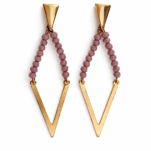 Orecchini pendenti geometrici oro con cristalli rosa antico | Orecchini lunghi a V boho eleganti donna