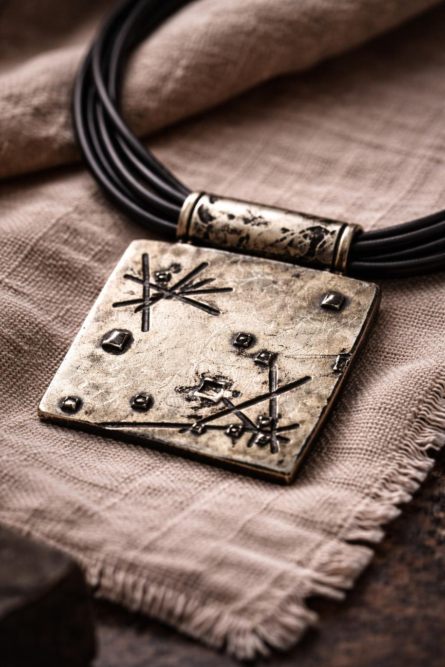 Collana industriale donna nera con maxi ciondolo quadrato argento | Gioiello rock statement urban regolabile