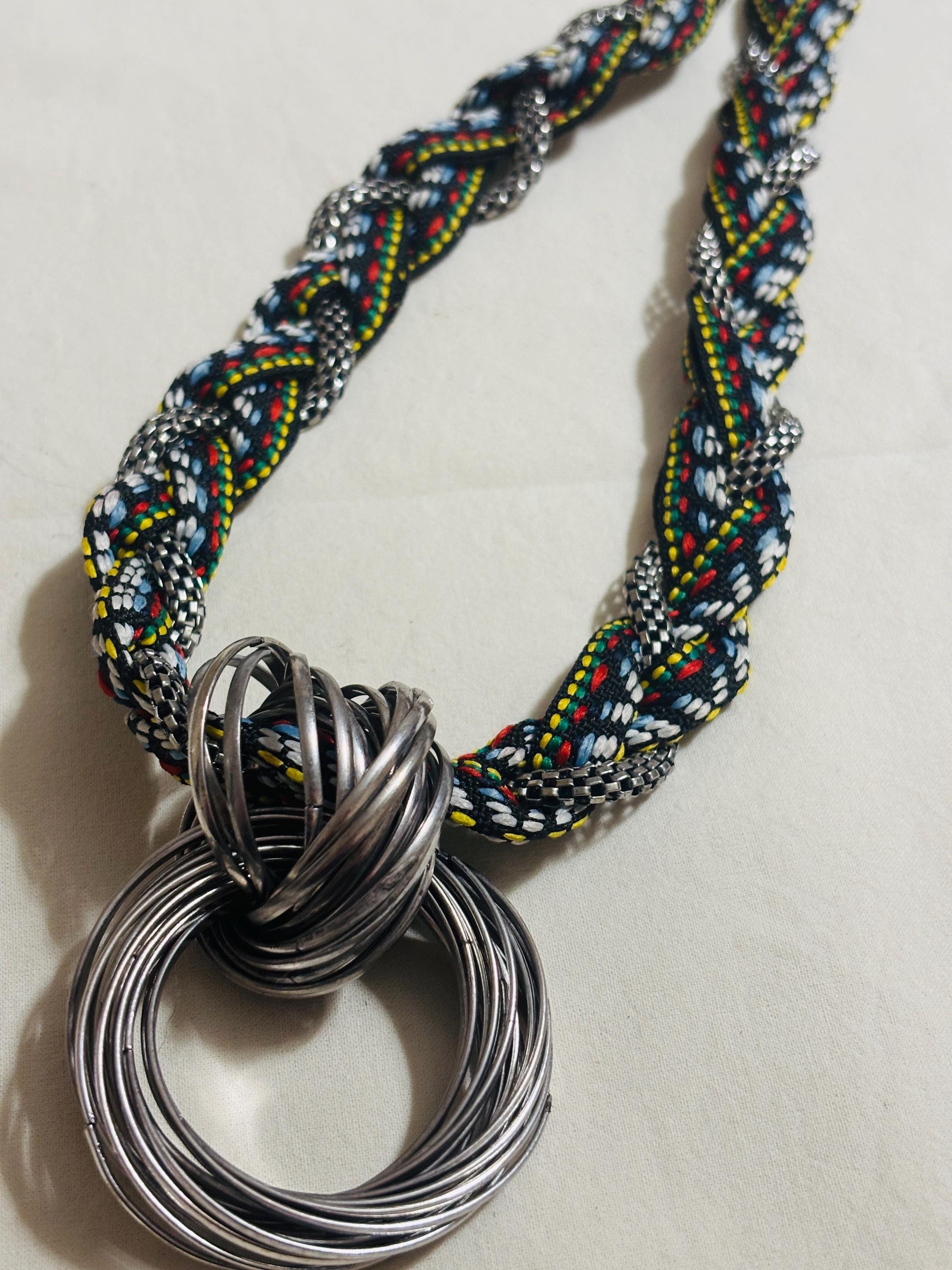 Collana etnica statement con ciondolo maxi argento | Collana tribale multicolor girocollo donna estate mare Boho