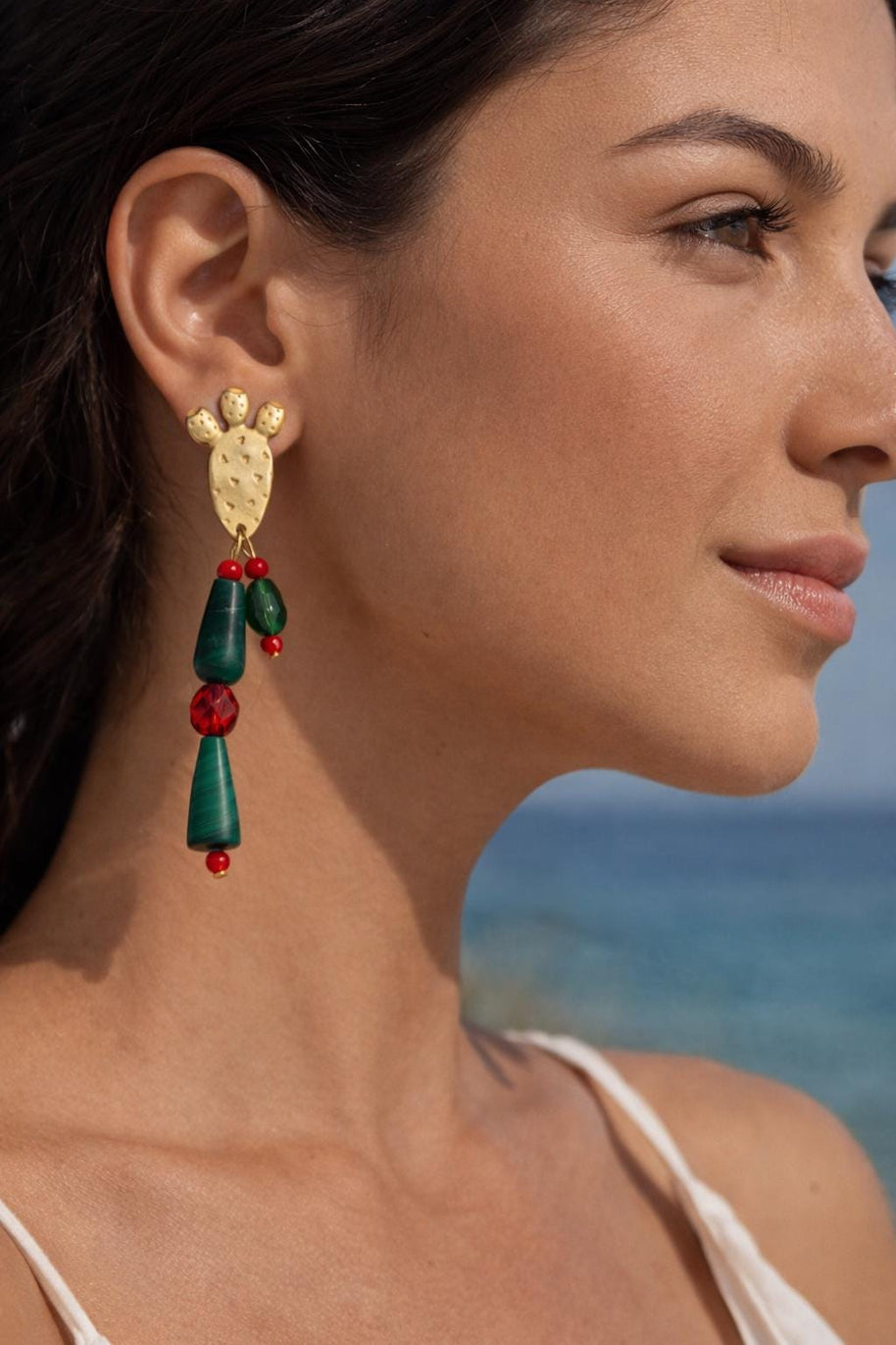 Orecchini cactus siciliano| Orecchini pendenti estivi stile Mediterraneo| Gioiello acciaio dorato antiallergico| Idea regalo donna
