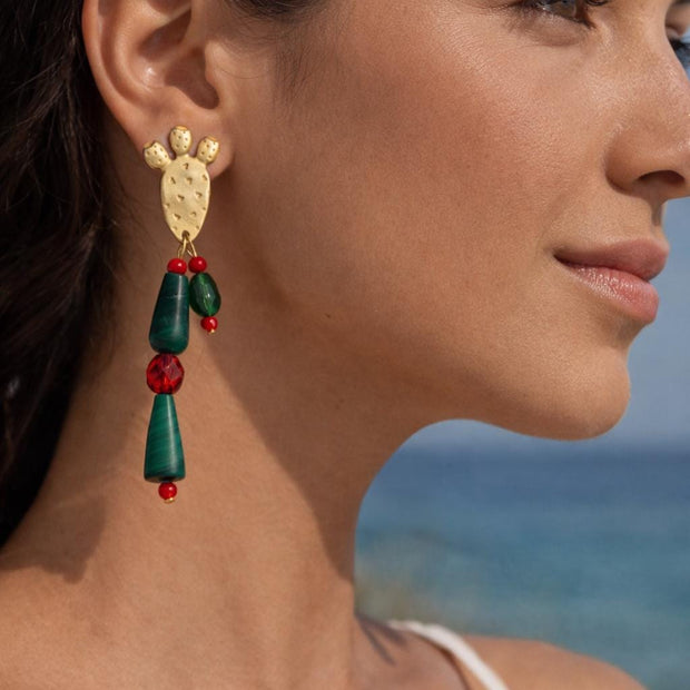 Orecchini cactus siciliano| Orecchini pendenti estivi stile Mediterraneo| Gioiello acciaio dorato antiallergico| Idea regalo donna