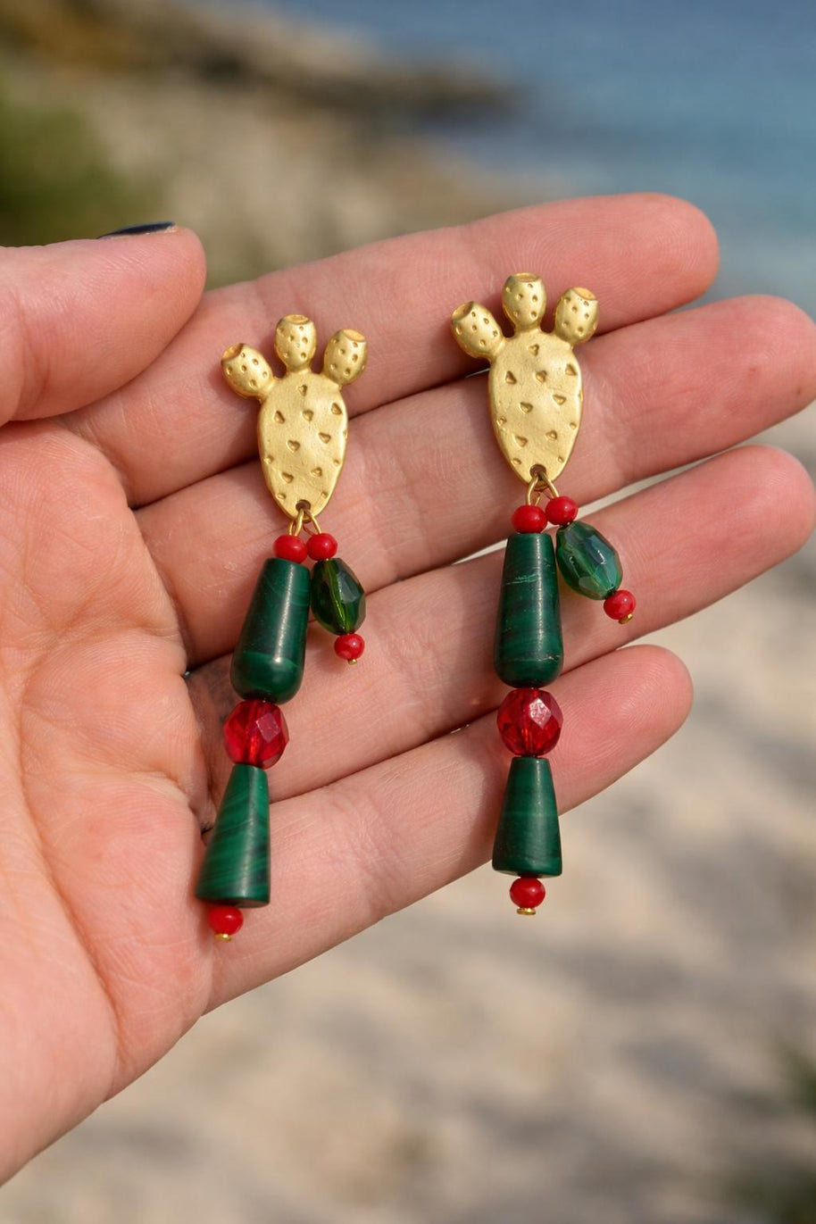 Orecchini cactus siciliano| Orecchini pendenti estivi stile Mediterraneo| Gioiello acciaio dorato antiallergico| Idea regalo donna
