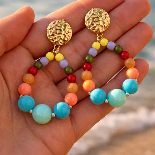 Orecchini pendenti perline colorate | Cerchi estivi multicolor | Gioiello mare acciaio antiallergico, idea regalo donna
