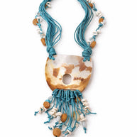 Collana lunga completamente naturale in madreperla e conchiglia azzurra | Gioiello artigianale stile Mediterraneo | Idea regalo donna