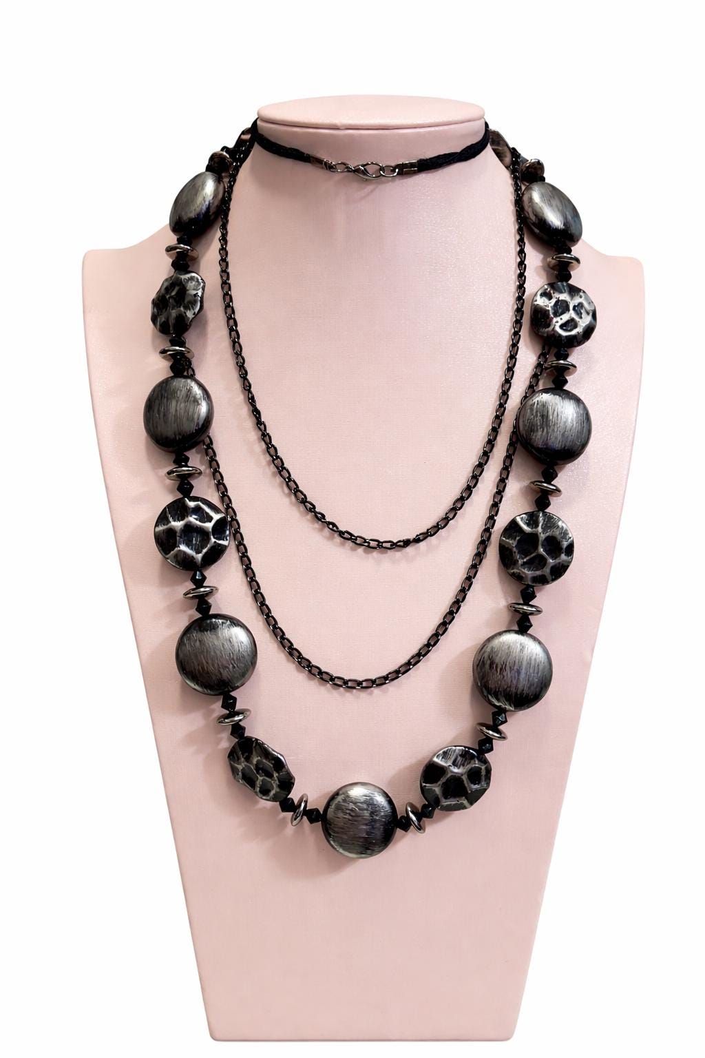 Collana lunga nera doppio giro stile dark gotico moderno | Collana maxi nero argento multifilo donna