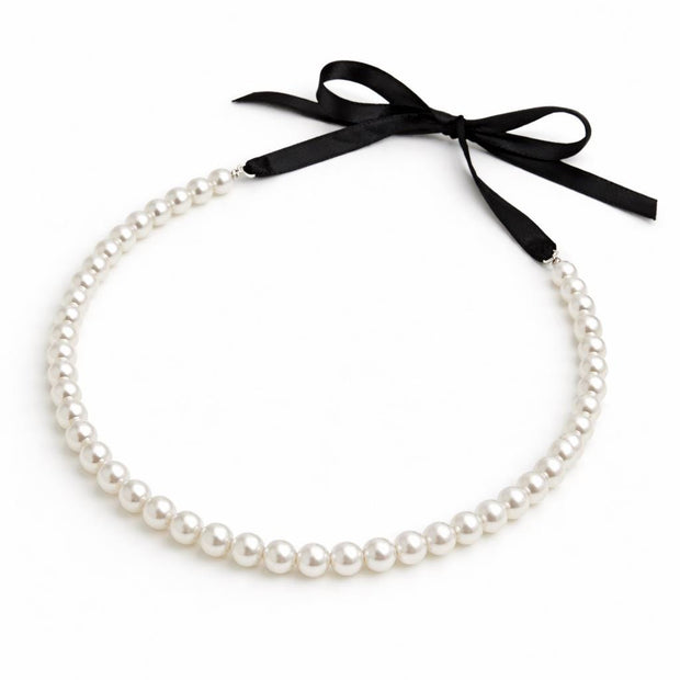 Collana perle bianche con nastro nero regolabile | Girocollo perle donna elegante | Collana perle cerimonia
