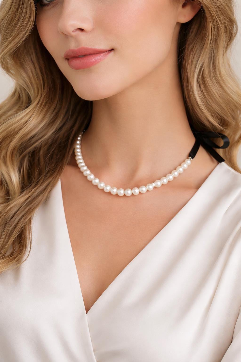 Collana perle bianche con nastro nero regolabile | Girocollo perle donna elegante | Collana perle cerimonia