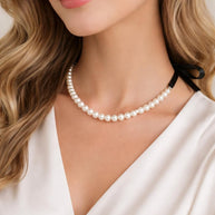 Collana perle bianche con nastro nero regolabile | Girocollo perle donna elegante | Collana perle cerimonia