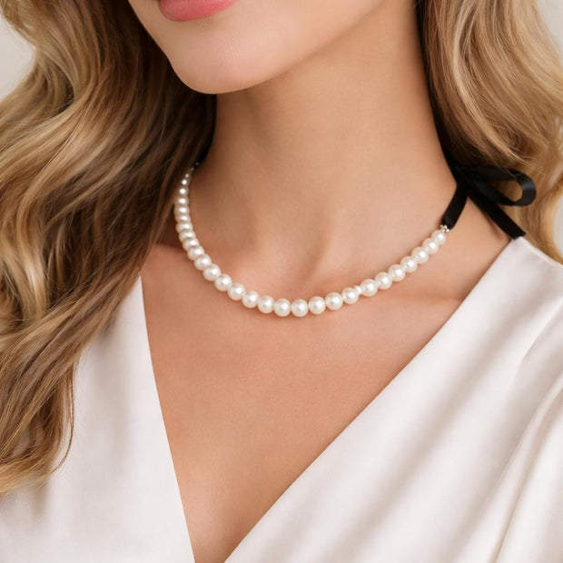 Collana perle bianche con nastro nero regolabile | Girocollo perle donna elegante | Collana perle cerimonia