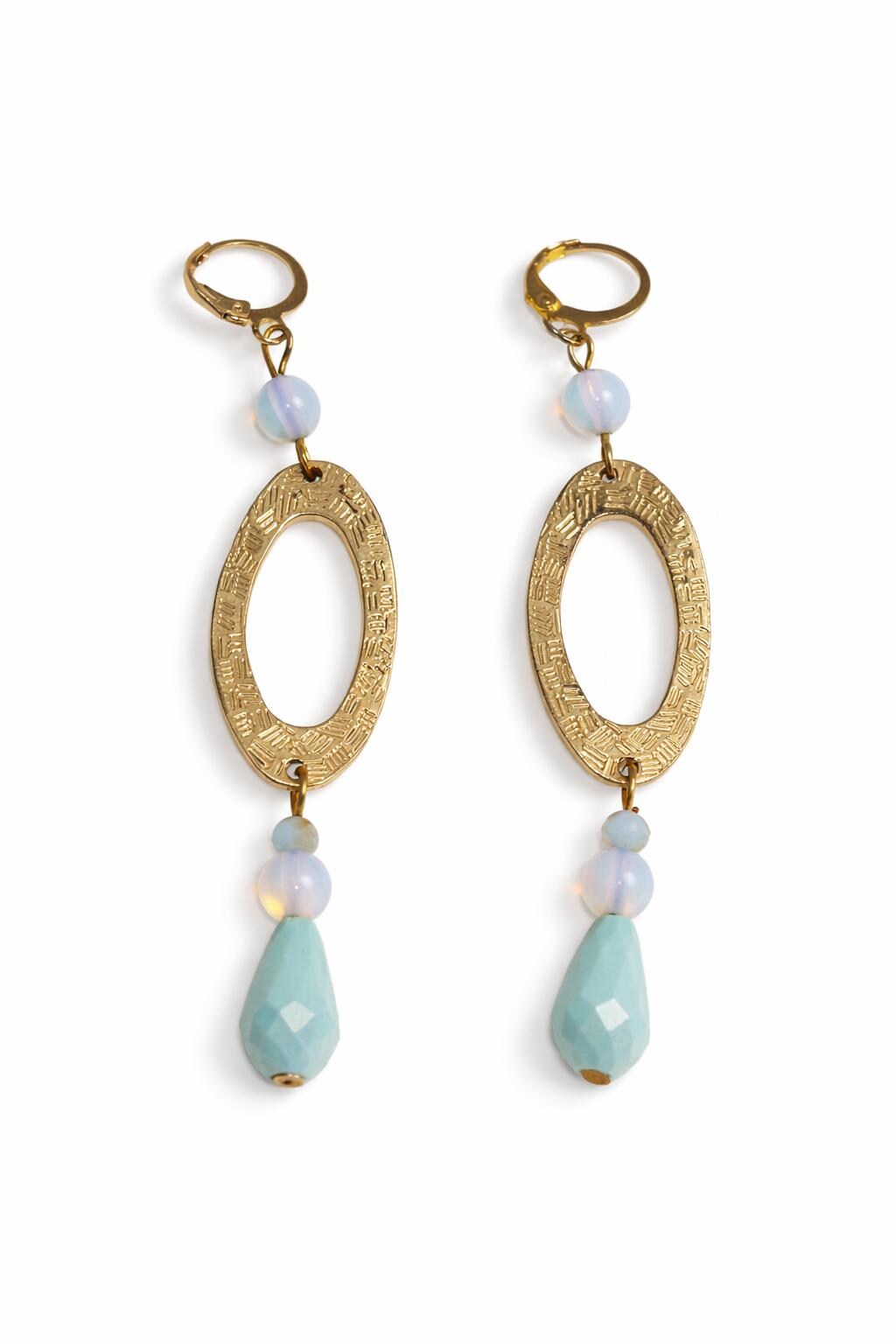 Orecchini pendenti oro incisione etnica | Orecchini boho chic con goccia azzurra e perla | Orecchini eleganti donna