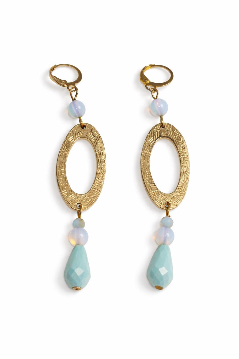Orecchini pendenti oro incisione etnica | Orecchini boho chic con goccia azzurra e perla | Orecchini eleganti donna