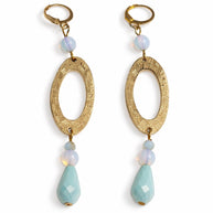 Orecchini pendenti oro incisione etnica | Orecchini boho chic con goccia azzurra e perla | Orecchini eleganti donna
