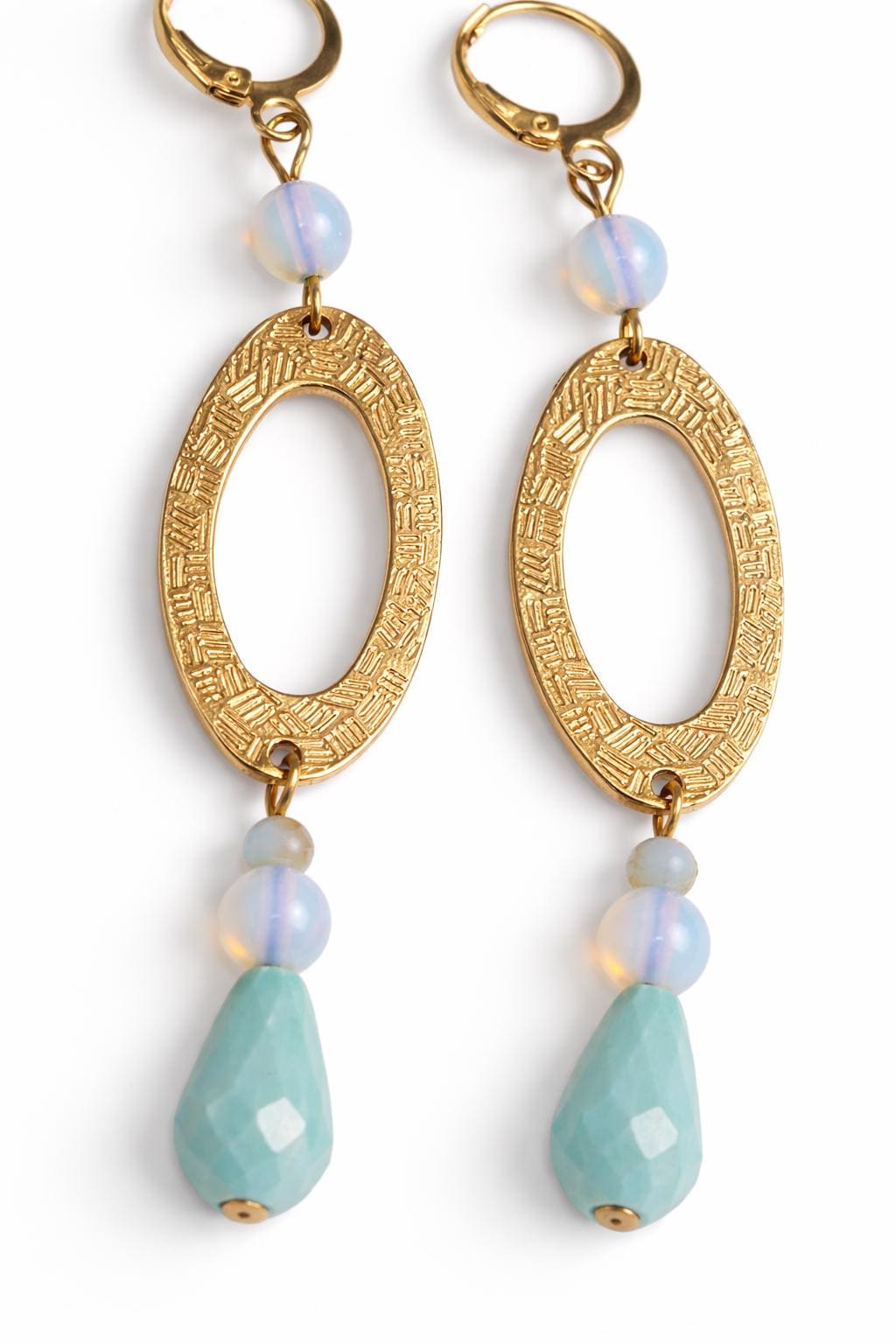 Orecchini pendenti oro incisione etnica | Orecchini boho chic con goccia azzurra e perla | Orecchini eleganti donna