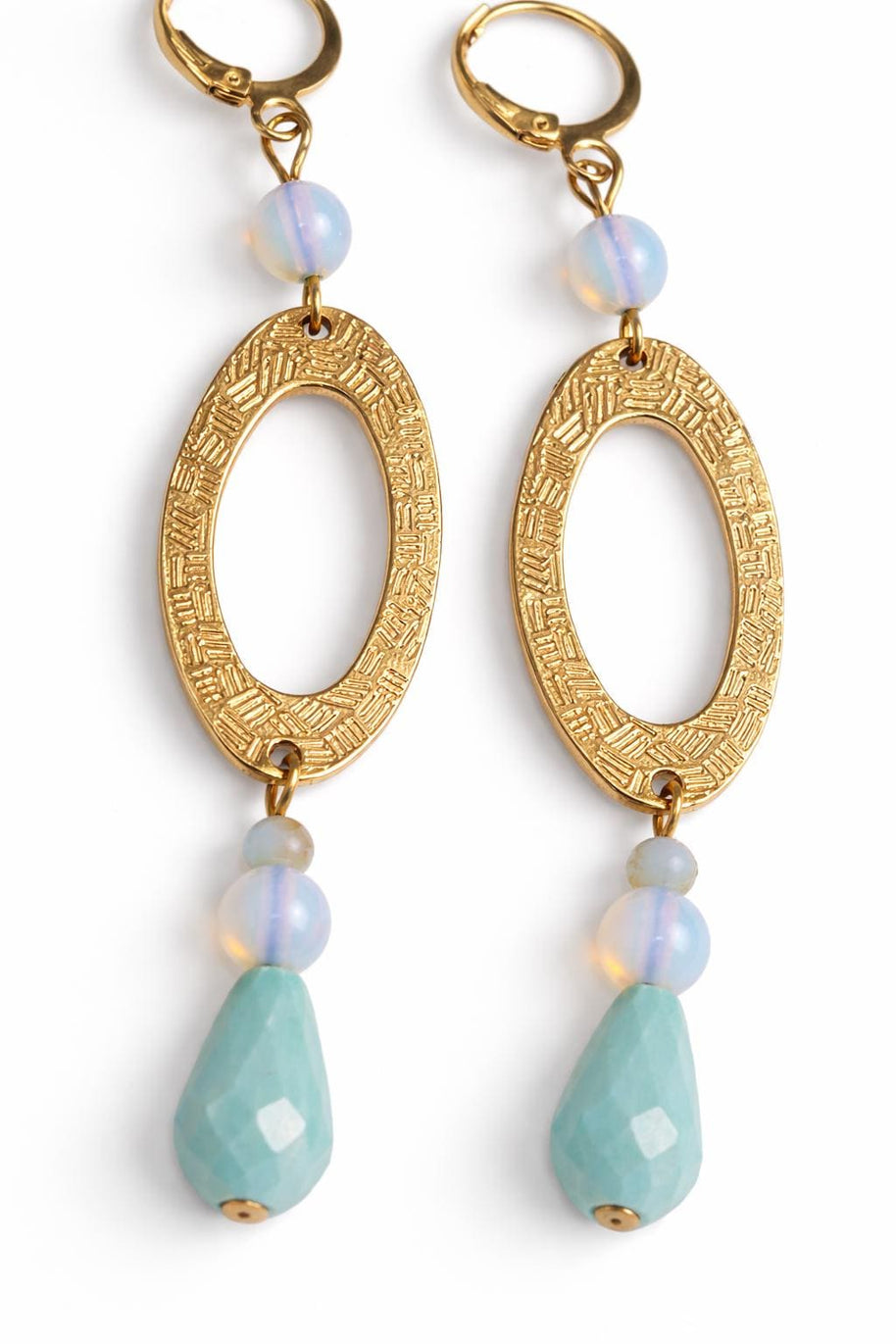 Orecchini pendenti oro incisione etnica | Orecchini boho chic con goccia azzurra e perla | Orecchini eleganti donna