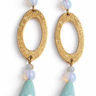 Orecchini pendenti oro incisione etnica | Orecchini boho chic con goccia azzurra e perla | Orecchini eleganti donna