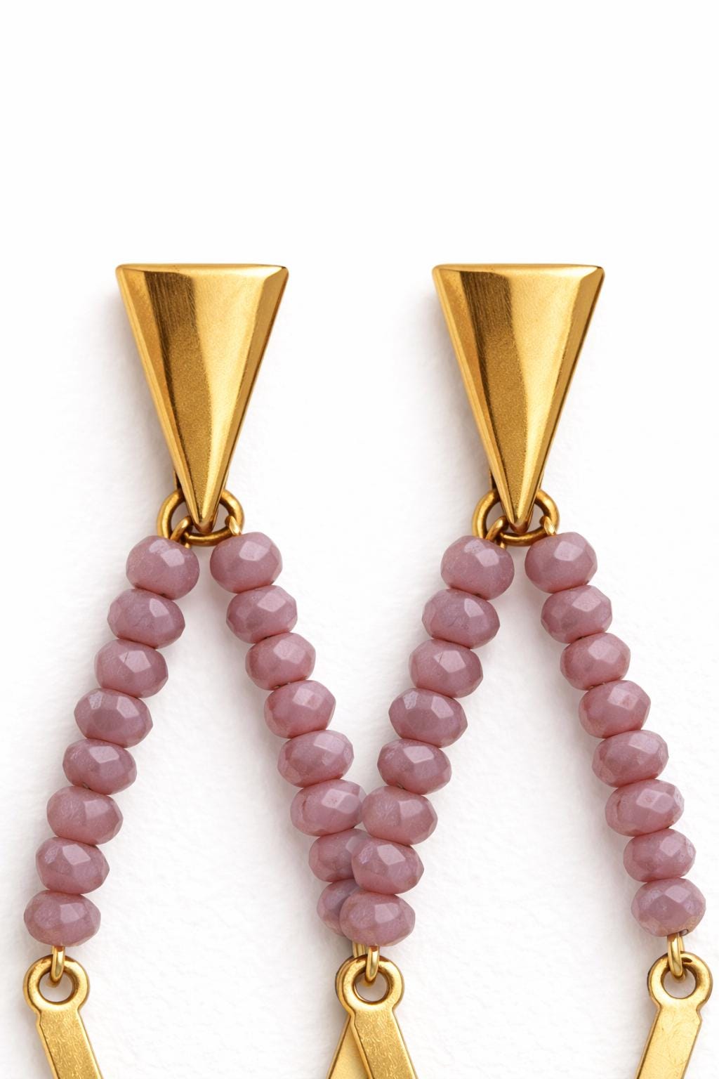 Orecchini pendenti geometrici oro con cristalli rosa antico | Orecchini lunghi a V boho eleganti donna
