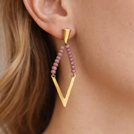 Orecchini pendenti geometrici oro con cristalli rosa antico | Orecchini lunghi a V boho eleganti donna