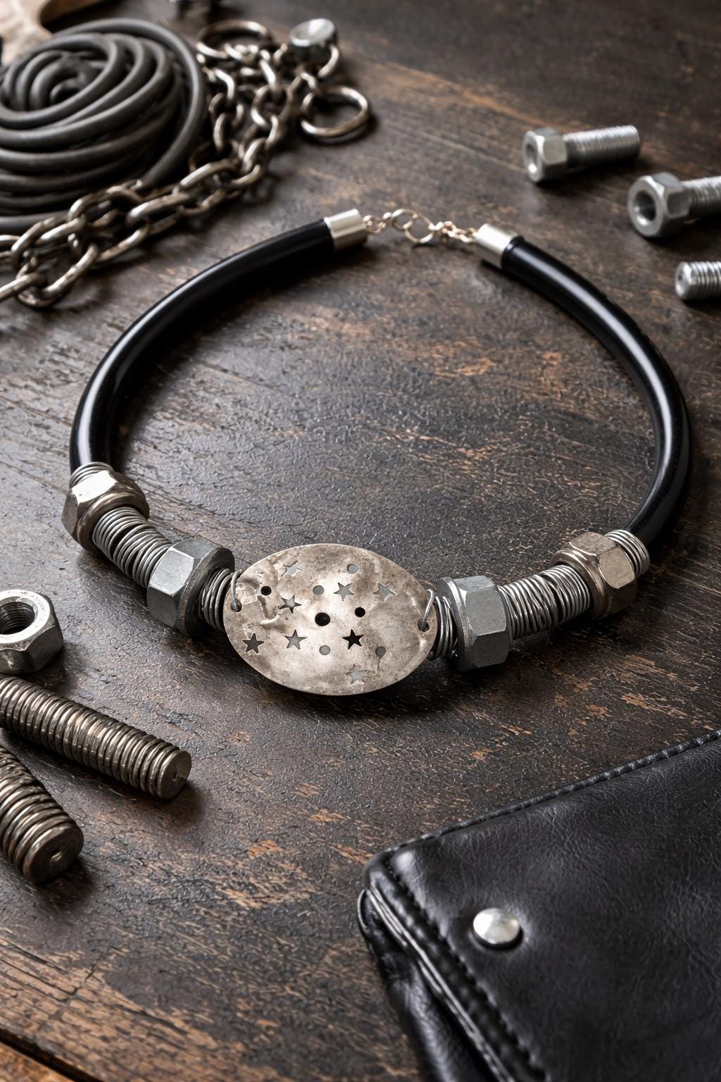 Collana industriale punk con bulloni e piastra a stelle | Collare nero in gomma e metallo riciclato fatto a mano regolabile