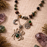 Collana ragno con pietre naturali verde nero | Collana witchy con luna e albero della vita| Gioiello boho spirituale donna