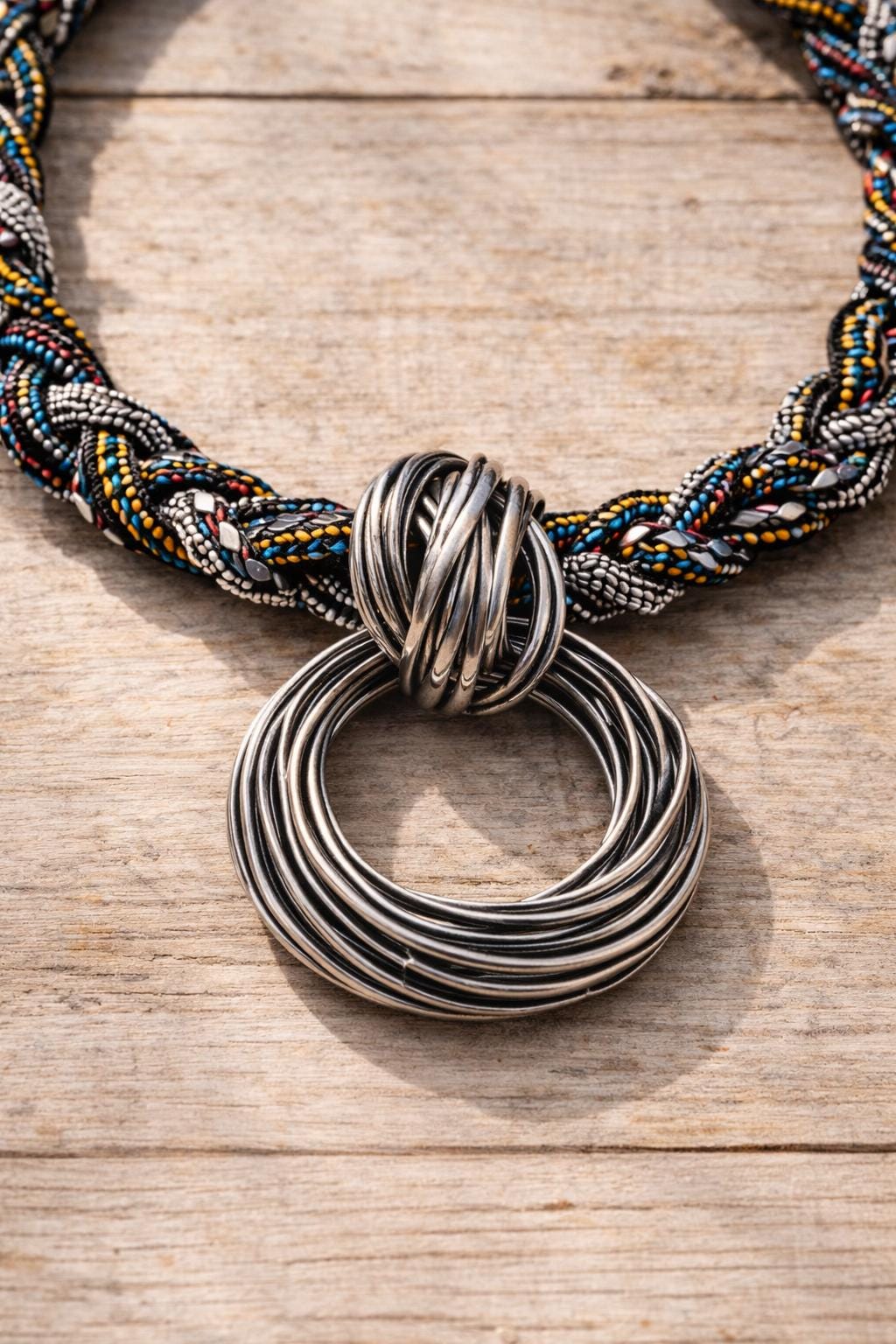 Collana etnica statement con ciondolo maxi argento | Collana tribale multicolor girocollo donna estate mare Boho