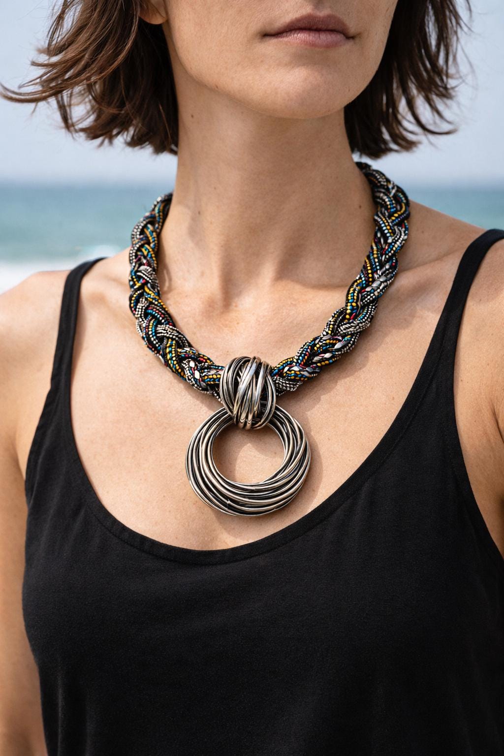 Collana etnica statement con ciondolo maxi argento | Collana tribale multicolor girocollo donna estate mare Boho