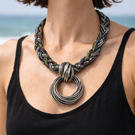 Collana etnica statement con ciondolo maxi argento | Collana tribale multicolor girocollo donna estate mare Boho