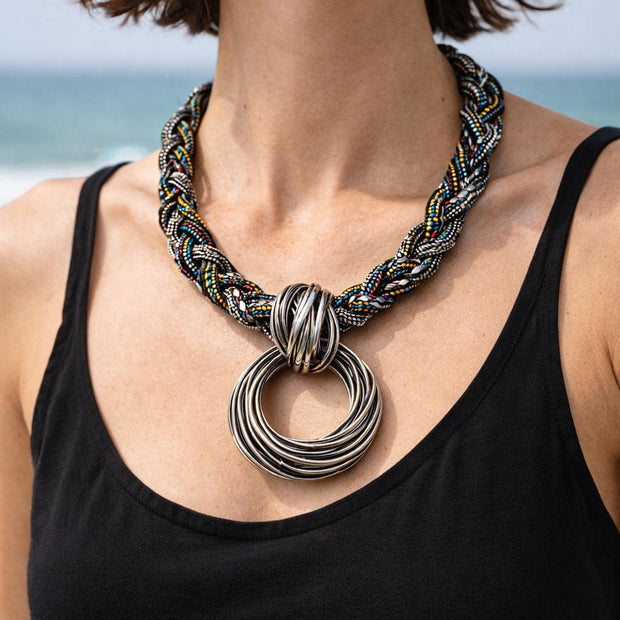 Collana etnica statement con ciondolo maxi argento | Collana tribale multicolor girocollo donna estate mare Boho