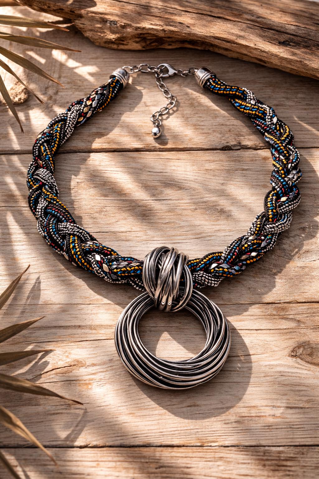 Collana etnica statement con ciondolo maxi argento | Collana tribale multicolor girocollo donna estate mare Boho