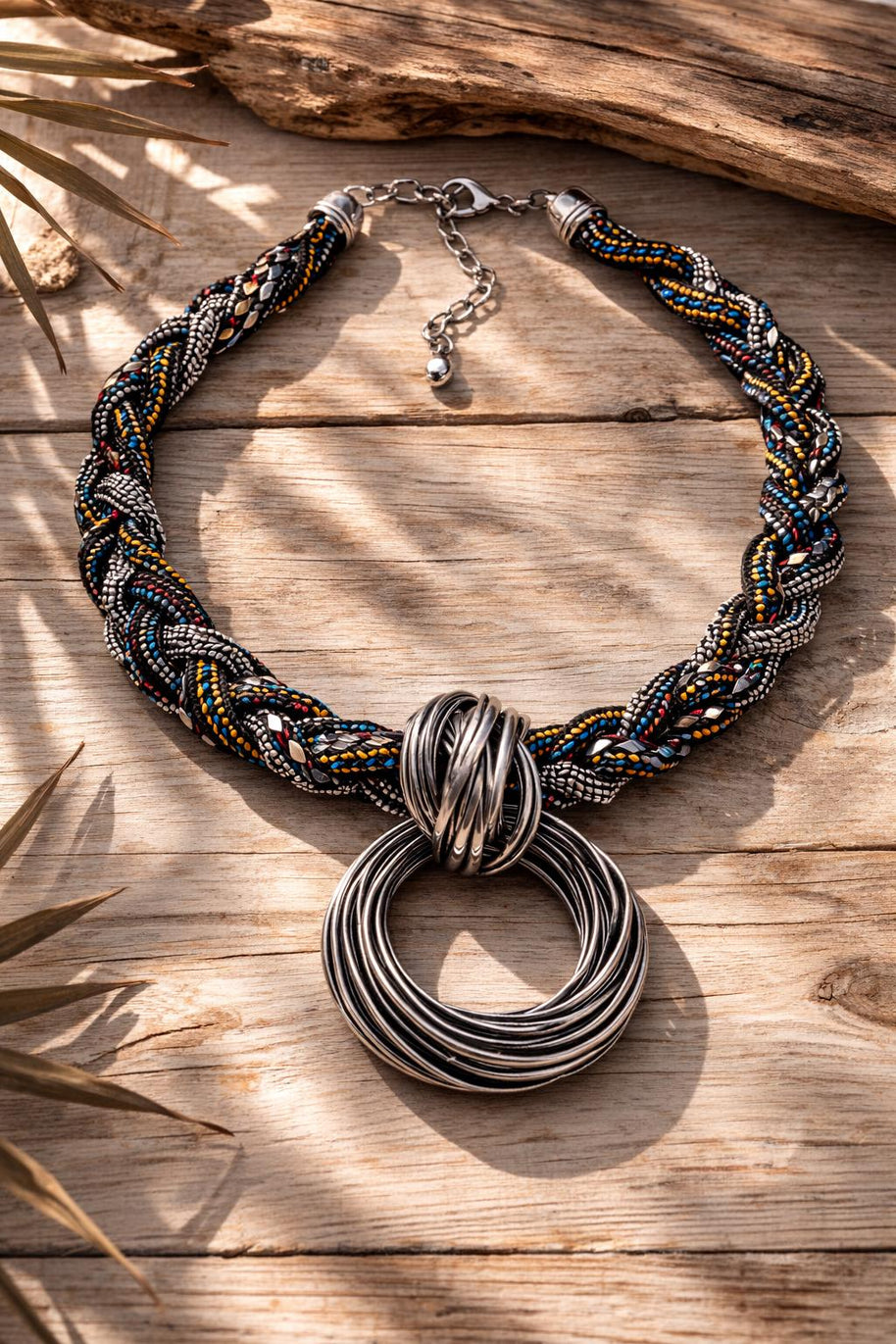 Collana etnica statement con ciondolo maxi argento | Collana tribale multicolor girocollo donna estate mare Boho