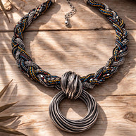 Collana etnica statement con ciondolo maxi argento | Collana tribale multicolor girocollo donna estate mare Boho