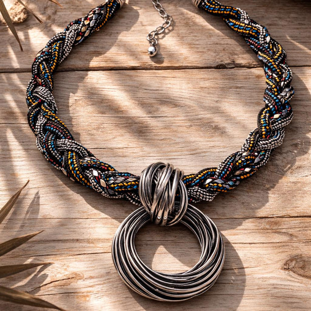 Collana etnica statement con ciondolo maxi argento | Collana tribale multicolor girocollo donna estate mare Boho