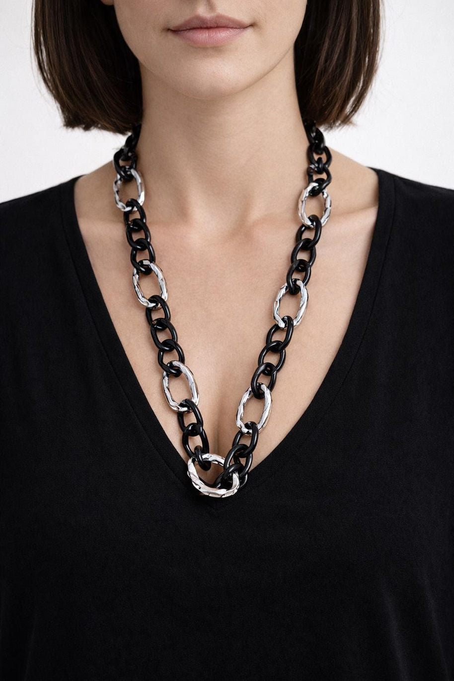Collana catena maxi nera e argento maglia grossa lunga | Collana statement donna stile rock industrial urban chic