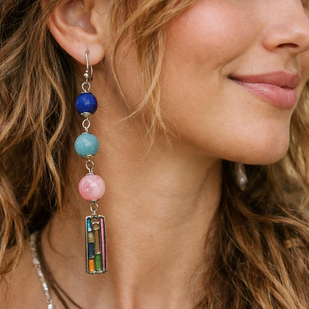 Orecchini pendenti boho multicolore con perle blu rosa e turchese | Boho dangle earrings, orecchini lunghi artigianali