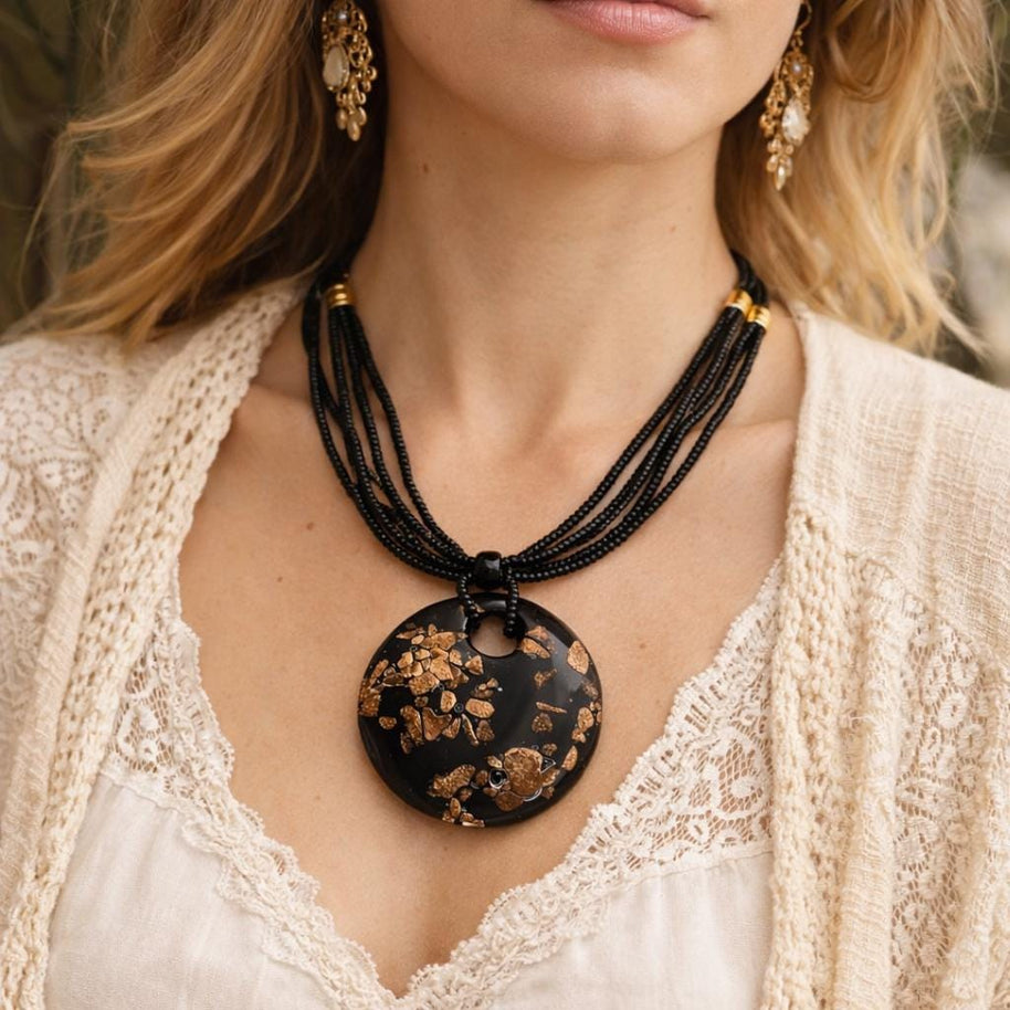 Collana in vetro di Murano oro e nero elegante | Collana donna da indossare tutti i giorni | Gioiello antiallergico