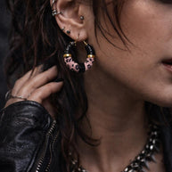 Orecchini a cerchio rock con bullone nero e stampa leopardata | Hoop earrings stile industrial | Orecchini acciaio antiallergico donna