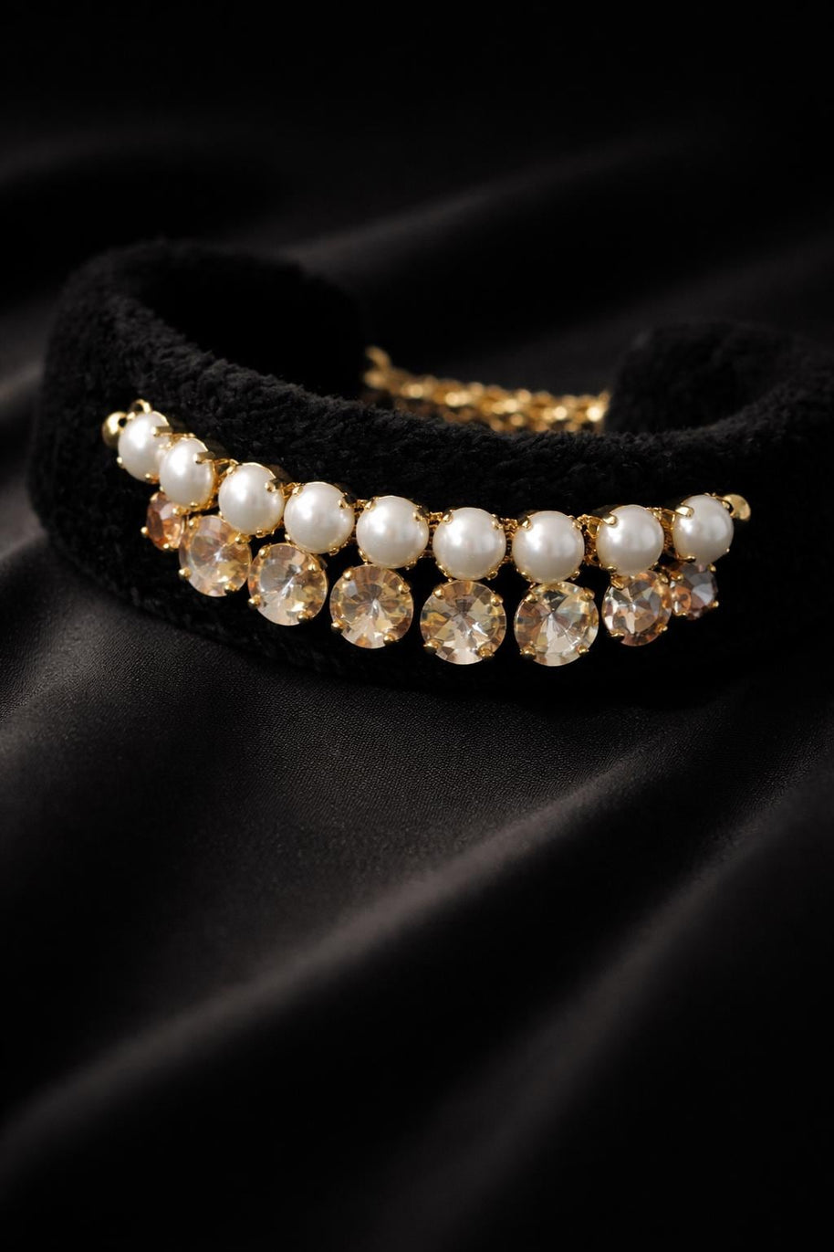Collana girocollo in velluto nero con perle e cristalli champagne | Choker elegante donna | Collana glamour da sera | Idea regalo donna