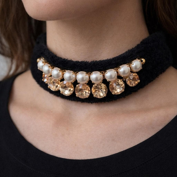 Collana girocollo in velluto nero con perle e cristalli champagne | Choker elegante donna | Collana glamour da sera | Idea regalo donna