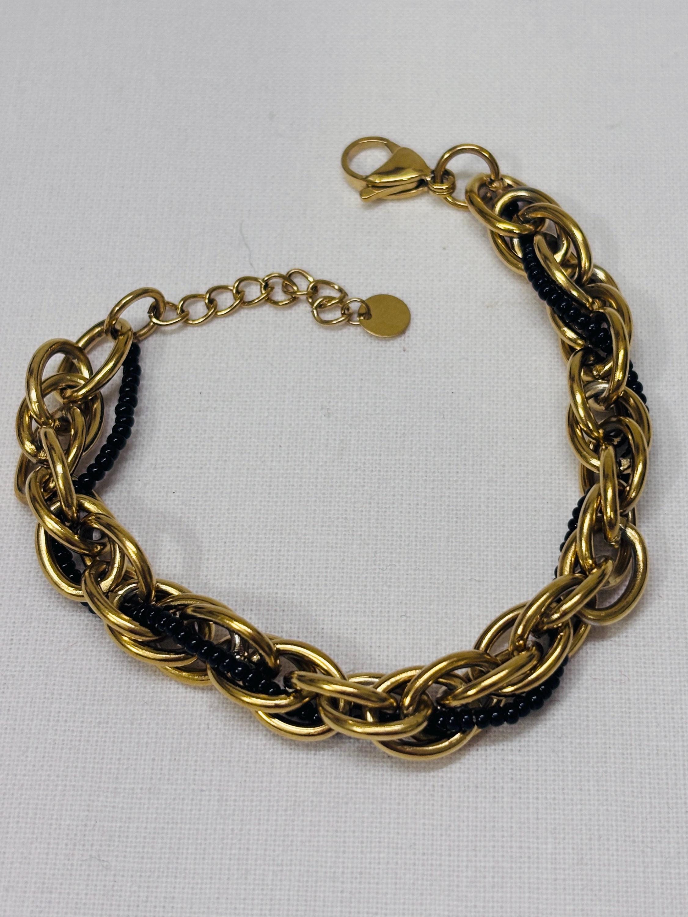 Bracciale catena oro con perline nere | Bracciale maglia larga acciaio inox | Bracciale elegante donna regolabile